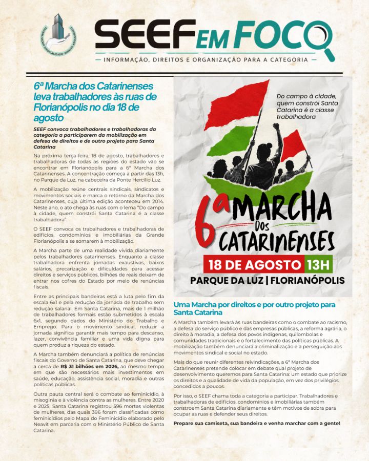 Nova edição do SEEF em Foco destaca Marcha dos Catarinenses e combate ao assédio eleitoral