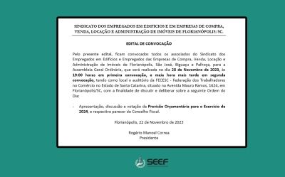 SEEF divulga edital de convocação para assembleia de votação da Previsão Orçamentária para 2024
